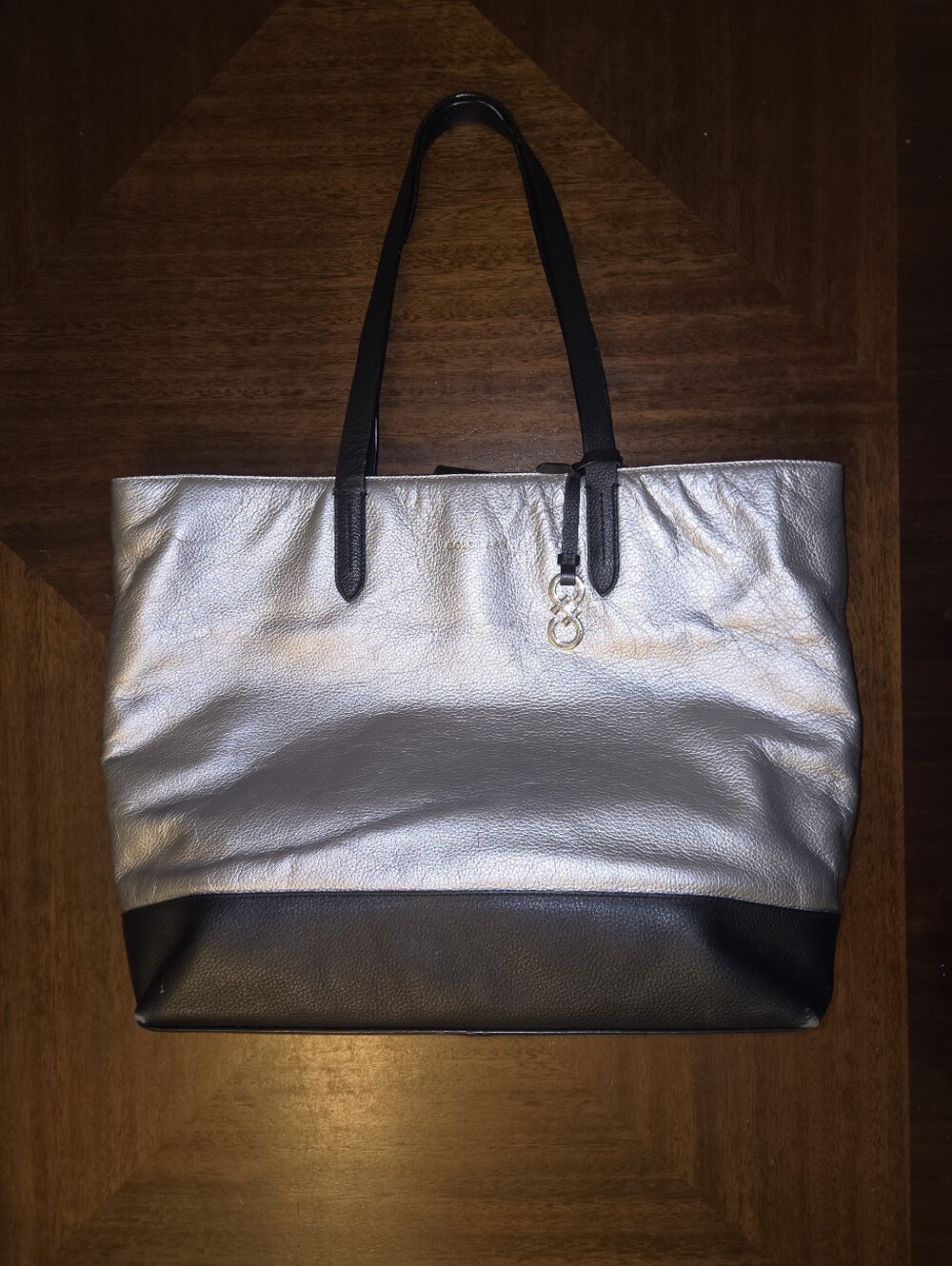 Cole Haan Silver and Black Pebbled Leather Tote Purse with Navy Blue Interior